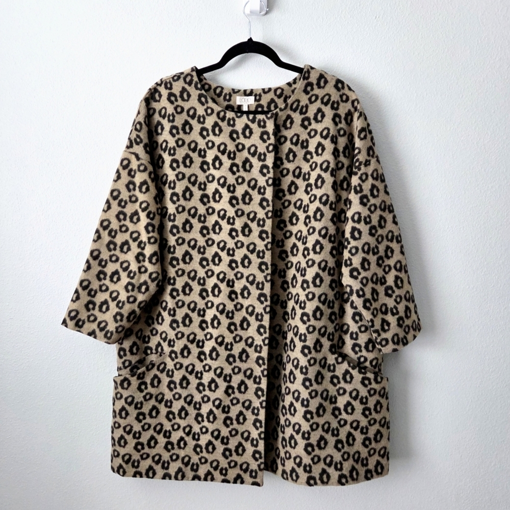 LOGO by Lori Goldstein Leopard Print Swing Pea Coat, Tan and Black Sixe 2X